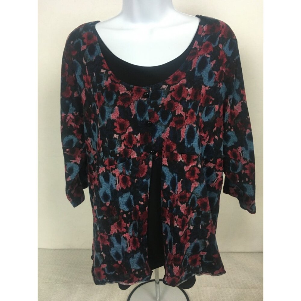 CJ Banks Top Women Size 1X Red Black Blue Attached Cardigan Scoop Neck 3/4 Sleev